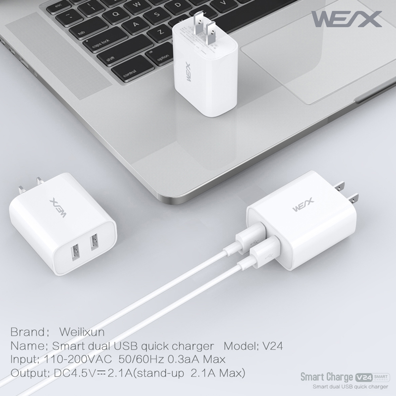 WEX - V24 caricabatterie da viaggio dual usb, caricatore da muro, alimentatore