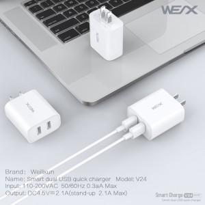 WEX V24 wall charger, USB charger, fast charger, double port charger